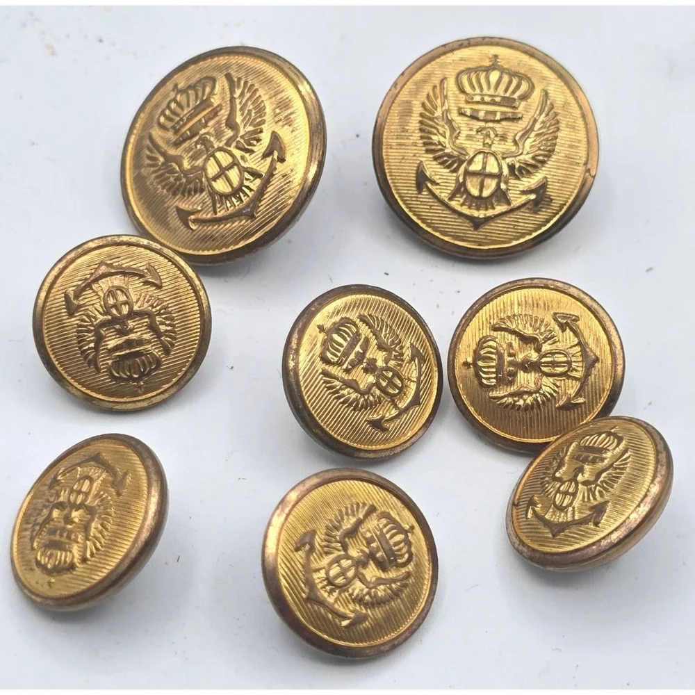 Vintage Brass Nautical Blazer Button Set 8 Gold Tone Crown Eagle Anchor Shank